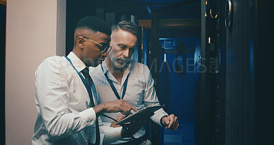Buy stock photo Engineer, men and planning with tablet, server room and teamwork for software upgrade or discussion. Data center, people and review of information technology, IT specialist and network engineering