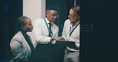 Buy stock photo People, programming or tablet in server room, conversation or teamwork with engineering. IT specialist, technical support or employees with discussion, problem solving or feedback with cyber security