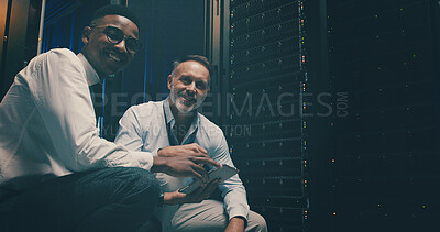 Buy stock photo Portrait, team and men with tablet, server room or confident for network engineering or programming. Happy, IT specialist and people with tech for software upgrade, collaboration and data center