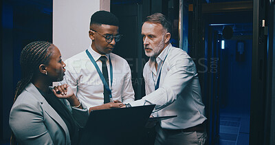 Buy stock photo Talking, network and business people on laptop in server room for cybersecurity, diagnostics IT support. Team, meeting and workers on tech, online and hardware for system update, database or backup