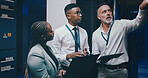 Talking, network and business people with tech in server room for cybersecurity, diagnostics IT support. Team, meeting and workers on laptop, tablet and hardware for system update, database or backup