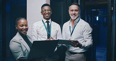 Buy stock photo Team, server room and portrait of people with tech for IT support, cybersecurity and database. Happy, collaboration and men with woman with confidence for diagnostics, technician service and career