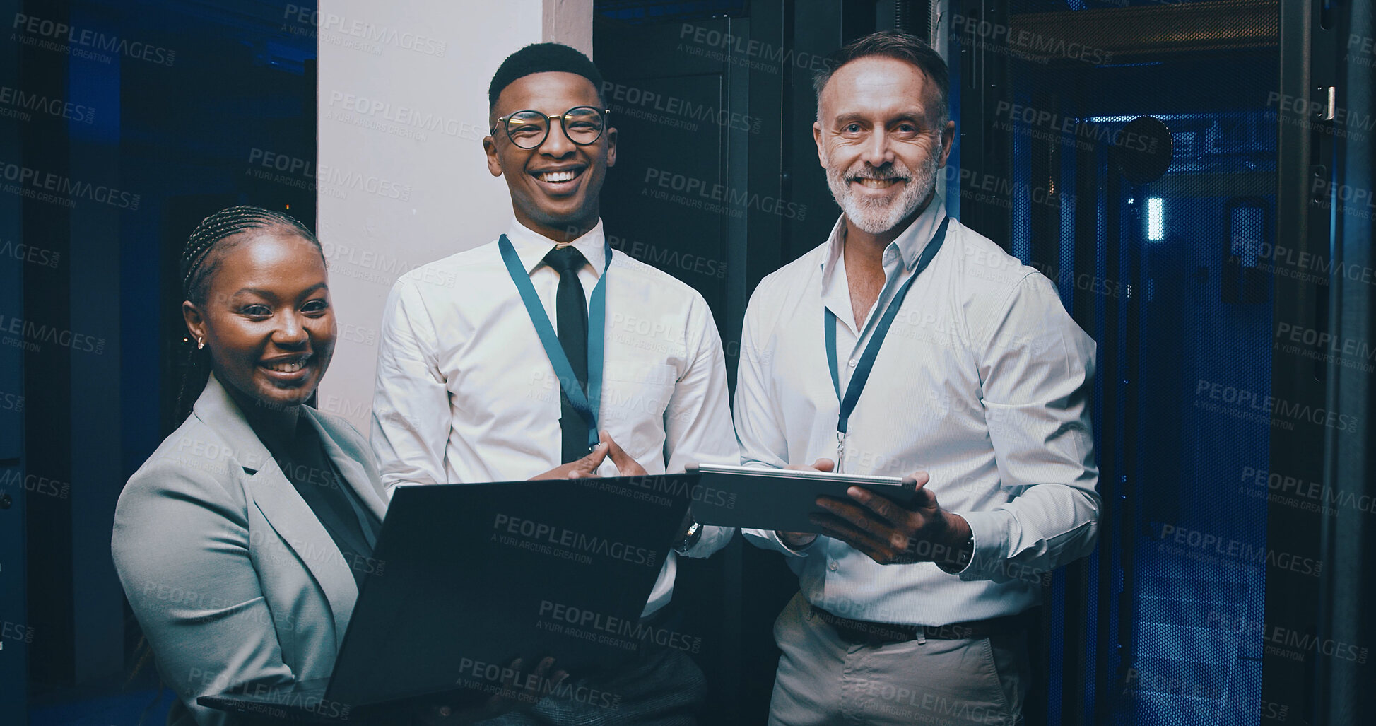 Buy stock photo Team, server room and portrait of people with tech for IT support, cybersecurity and database. Happy, collaboration and men with woman with confidence for diagnostics, technician service and career