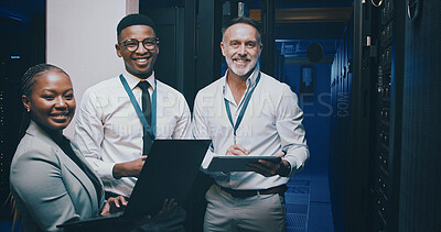 Buy stock photo Team, server room and portrait of happy people on tech for IT support, cybersecurity and database. Laptop, collaboration and men with woman with pride for diagnostics, technician service and career