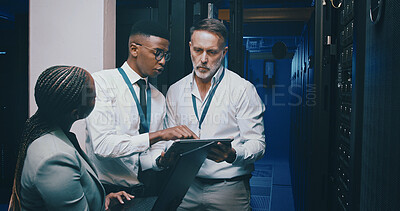 Buy stock photo People, programming and tablet in server room, conversation and data center with teamwork. IT specialist, technical support and employees with discussion, problem solving and hardware upgrade