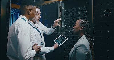 Buy stock photo Server room, training and manager with team on tablet for cybersecurity, diagnostics test and maintenance. IT service, meeting and worker with boss for network, online database and technical support