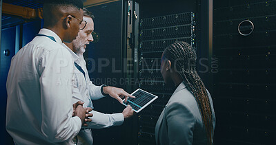 Buy stock photo Server room, training and man with people on tablet for cybersecurity, diagnostics test and maintenance. IT team, meeting and worker with manager for network, online database and technical support
