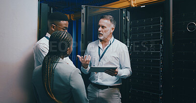 Buy stock photo Server room, training and manager with people on tablet for cybersecurity, diagnostics test and maintenance. IT team, meeting and worker with boss for network, online database and technical support