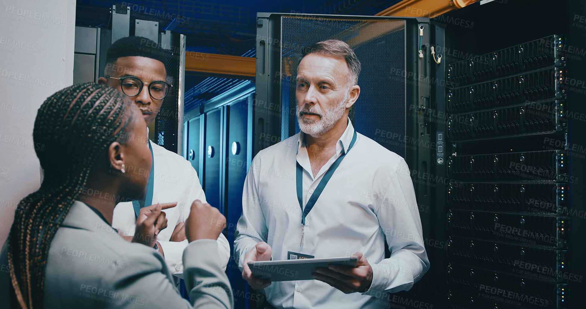 Buy stock photo Server room, training and people on tablet for cybersecurity, diagnostics test or maintenance. IT team, meeting and workers with boss on digital tech for network, online database or technical support