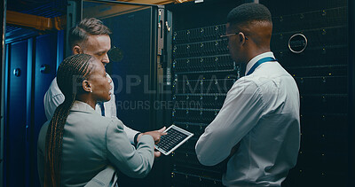 Buy stock photo Group, people and programming with tablet in server room for security, software update and maintenance. Staff, team and screen for database upgrade, IT inspection and system backup of hardware repair
