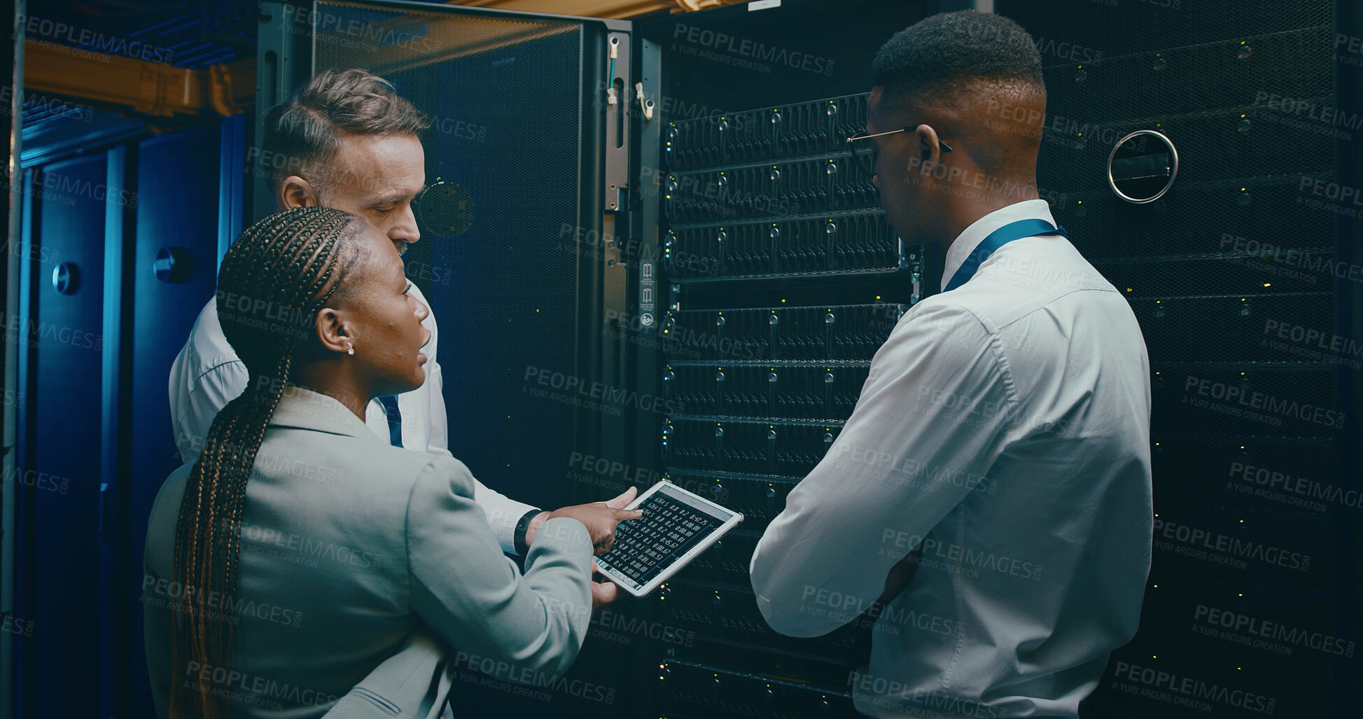 Buy stock photo Group, people and programming with tablet in server room for security, software update and maintenance. Staff, team and screen for database upgrade, IT inspection and system backup of hardware repair