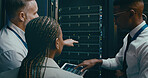 People, programming and tablet in server room, teamwork and engineering with hardware upgrade. IT specialist, technical support or employees with inspection, cyber security or data center with update
