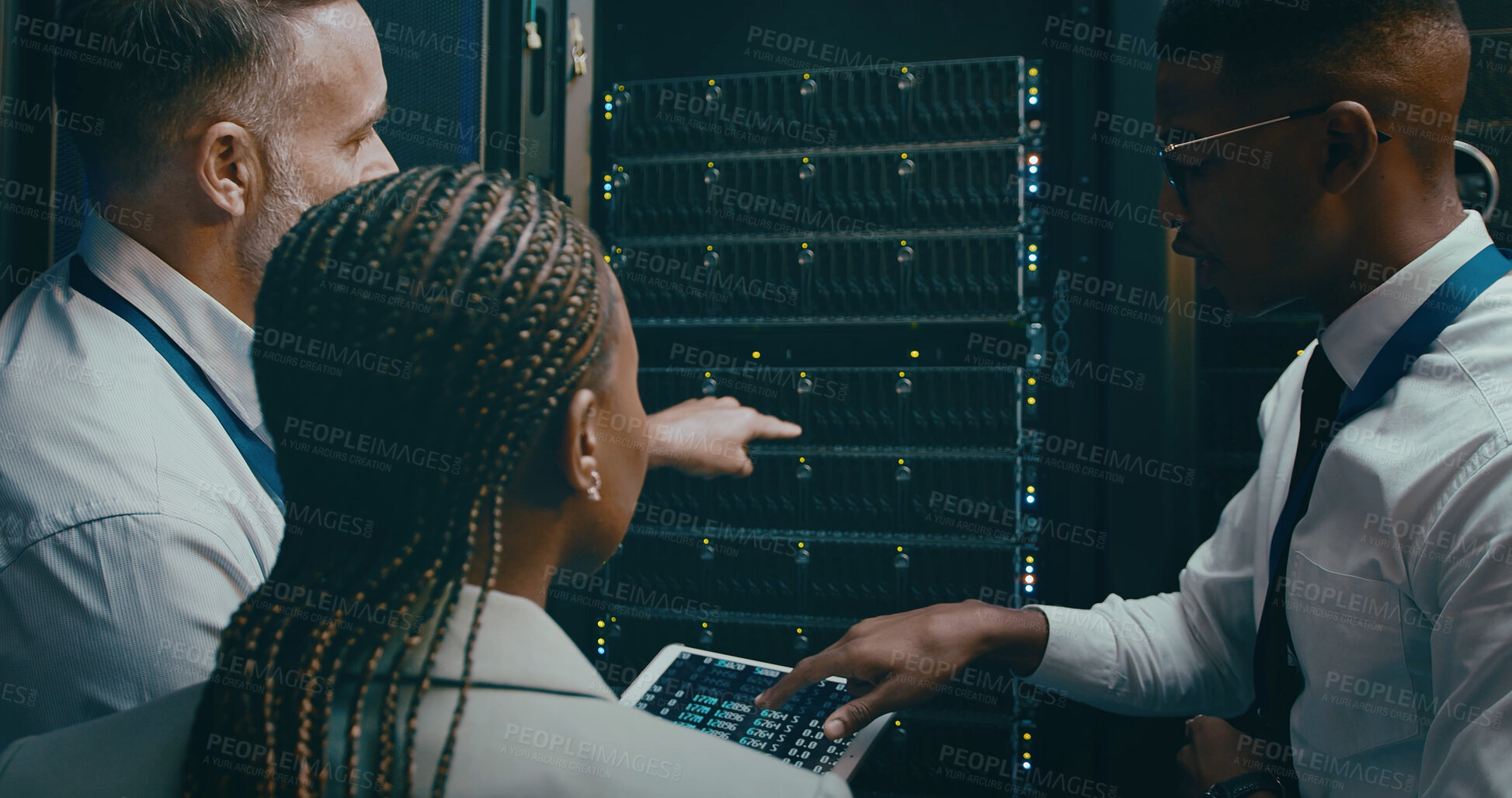 Buy stock photo People, programming and tablet in server room, teamwork and engineering with hardware upgrade. IT specialist, technical support or employees with inspection, cyber security or data center with update