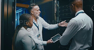 Buy stock photo People, cyber security and tablet in server room, conversation and teamwork with engineering. IT specialist, technical support or employees with discussion, problem solving or data center with update