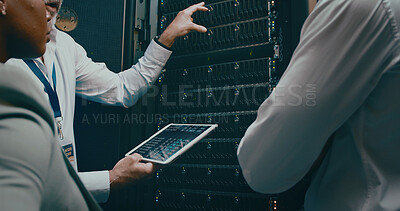 Buy stock photo Tablet screen, hand and discussion in server room for code or system performance. People, technology and technician group in data center for network diagnostics, software analytics and IT maintenance