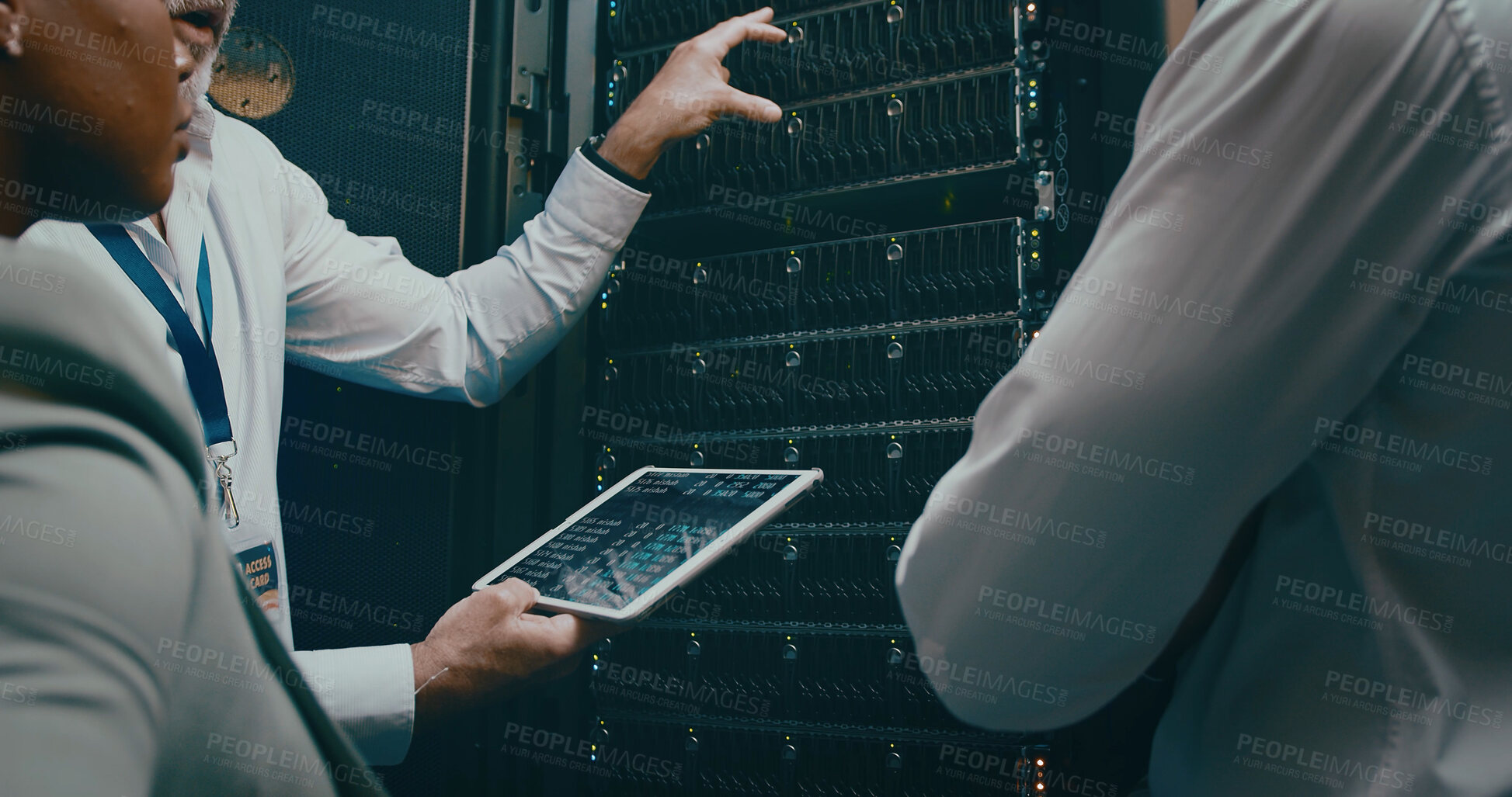 Buy stock photo Tablet screen, hand and discussion in server room for code or system performance. People, technology and technician group in data center for network diagnostics, software analytics and IT maintenance