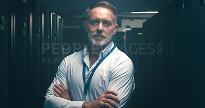 Buy stock photo Arms crossed, cybersecurity and portrait of man in server room for network administration. Cloud computing, mainframe and system with mature tech support employee in data center for maintenance