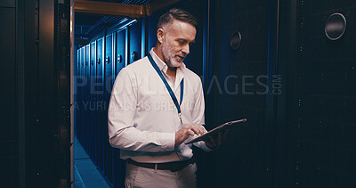 Buy stock photo Engineer, mature man or tablet in server room to install hardware, system backup or network access. Data center, person and technology for troubleshooting software, technical solution and maintenance