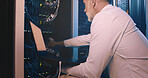 Technician, cable and laptop with man in server room for cybersecurity, network and system database. Software update, signal transmission and cloud computing with mature person in data center