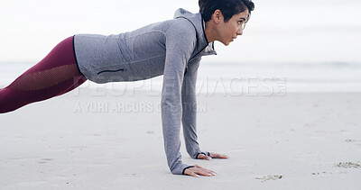 Buy stock photo Thinking, woman and pushup for fitness at beach for exercise, strength training and muscle growth. Athlete, female person and workout routine, body balance and space with wellness benefits at ocean