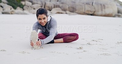 Buy stock photo Exercise, portrait and woman with stretching on beach to start running, fitness workout and wellness. Athlete, space and legs warm up on seashore for getting ready, marathon preparation and cardio
