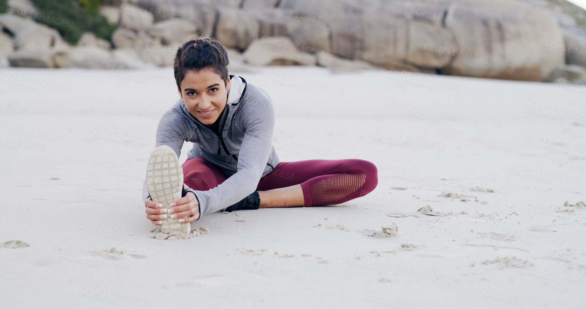 Buy stock photo Exercise, portrait and woman with stretching on beach to start running, fitness workout and wellness. Athlete, space and legs warm up on seashore for getting ready, marathon preparation and cardio