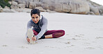 Fitness, portrait and woman with stretching on beach to start running, cardio workout and wellness. Athlete, space and legs warm up on seashore for getting ready, exercise preparation and training
