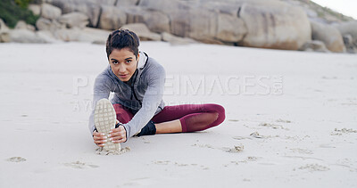 Buy stock photo Fitness, portrait and woman with stretching on beach to start running, cardio workout and wellness. Athlete, space and legs warm up on seashore for getting ready, exercise preparation and training