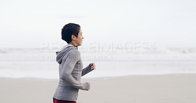 Buy stock photo Running, ocean and fitness with woman at beach for health, cardio workout and sports training. Marathon practice, exercise and runner challenge with person outdoor for space, athlete and wellness