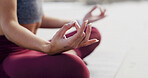 Lotus pose, calm and hands of woman on beach with peace, mindfulness and zen for breathing. Namaste, balance and female person with meditation for wellness, health and exercise on mat by ocean.