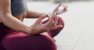 Buy stock photo Lotus pose, calm and hands of woman outdoor with peace, mindfulness and zen for breathing. Namaste, balance and female person with meditation for wellness, health and exercise for gratitude on mat.