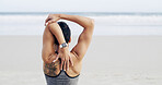 Back of woman, fitness and stretching on beach for exercise, workout or outdoor running. Female person, athlete or runner with warm up, preparation and getting ready for cardio training with space