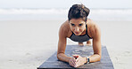 Woman, plank and exercise at beach, smile and challenge with strong core development in nature. Girl, workout and outdoor for training, stomach and muscle with wellness by ocean in New Zealand