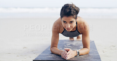 Buy stock photo Woman, plank and exercise at beach, smile and challenge with strong core development in nature. Girl, workout and outdoor for training, fitness and muscle with space on ground by ocean in New Zealand