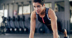 Push up, athlete and fitness with woman in gym for abs workout, health and exercise. Wellness, bodybuilder and core strength with person on floor of sports club for oblique training and challenge