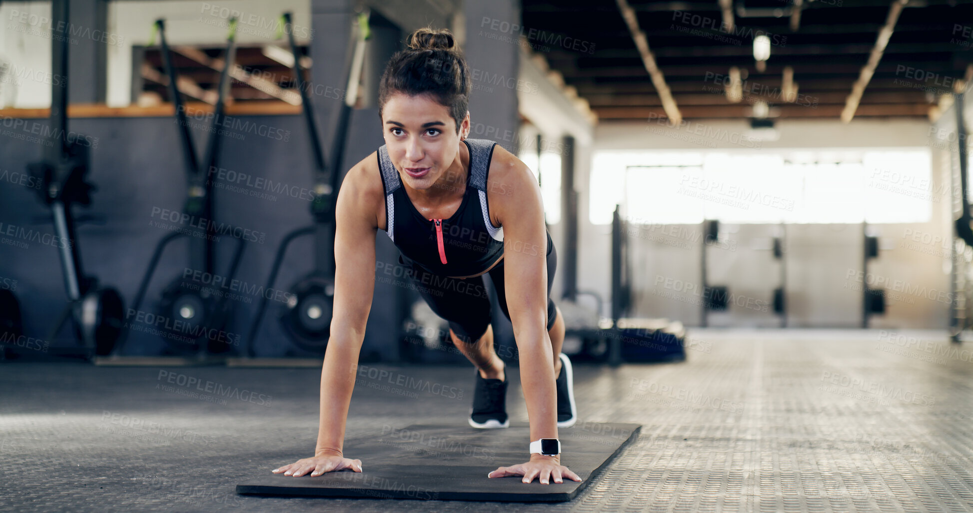 Buy stock photo Push up, health and workout with woman in gym for exercise, core strength and fitness. Bodybuilder, challenge and abs training with person on floor of sports club for athlete, muscle and wellness