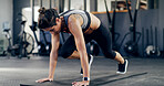 Mountain climbers, health and workout with woman in gym for exercise, core strength and fitness. Bodybuilder, challenge and abs training with person in sports club for athlete, muscle and wellness