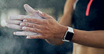 Athlete, person and powder on hands at gym for getting ready, fitness preparation and gymnastics. Woman, chalk dust and acrobat safety for exercise, weightlifting and sports training of competition