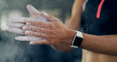 Buy stock photo Athlete, person and powder on hands at gym for getting ready, fitness preparation and gymnastics. Woman, chalk dust and acrobat safety for exercise, weightlifting and sports training of competition