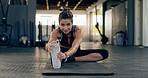 Stretching, legs and portrait with woman in gym for workout, health and strength training. Muscle warm up, bodybuilder and exercise with female person in sports club for athlete, start and wellness