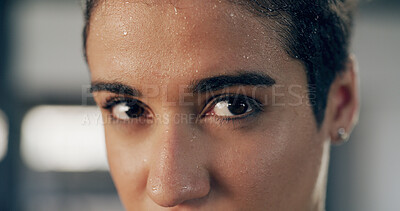 Buy stock photo Eyes, portrait and woman with sweat for fitness, intense training or fatigue with recovery. Closeup, exercise and tired athlete with determination, serious face or break for rest with gym challenge