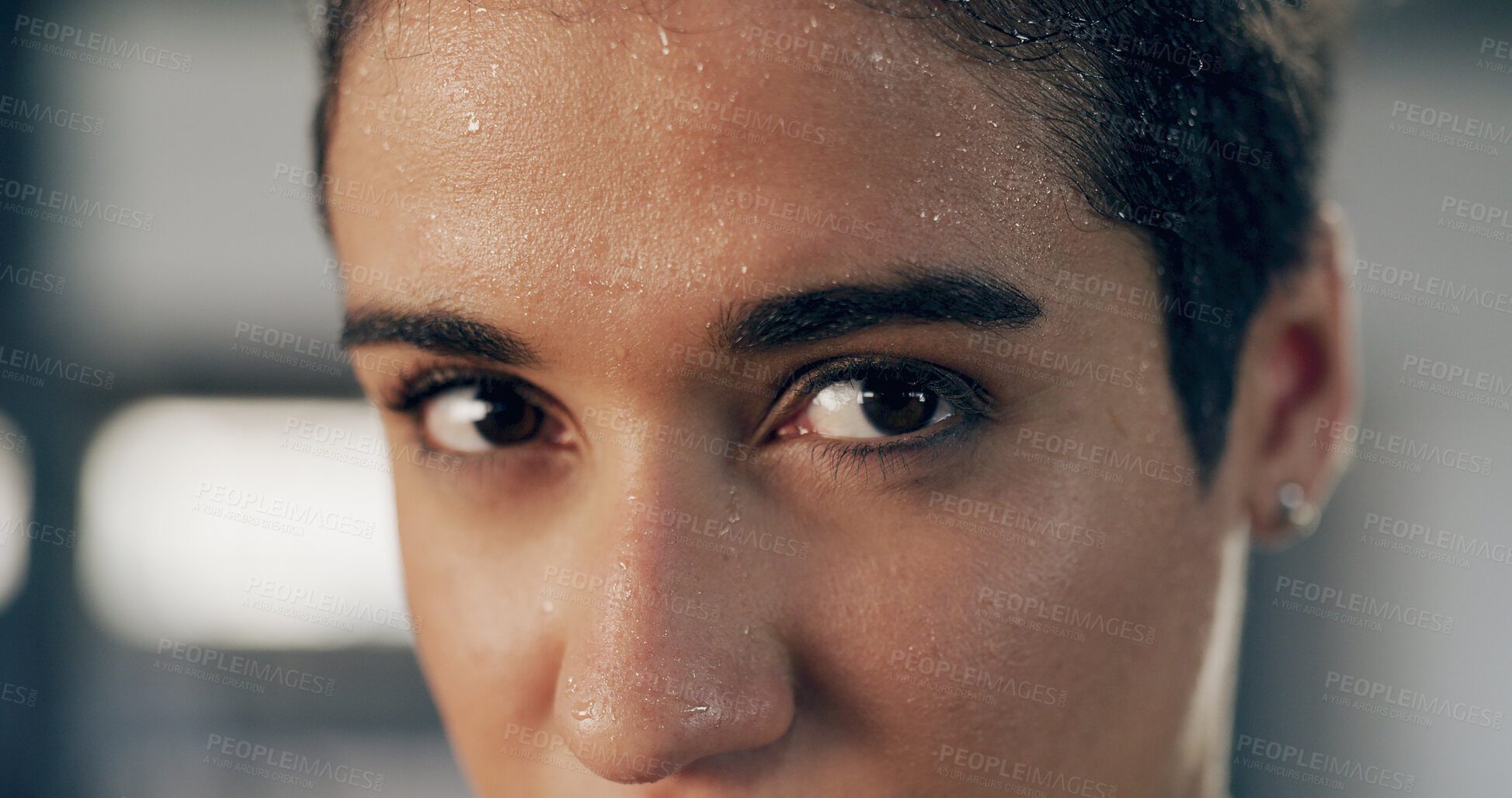 Buy stock photo Eyes, portrait and woman with sweat for fitness, intense training or fatigue with recovery. Closeup, exercise and tired athlete with determination, serious face or break for rest with gym challenge