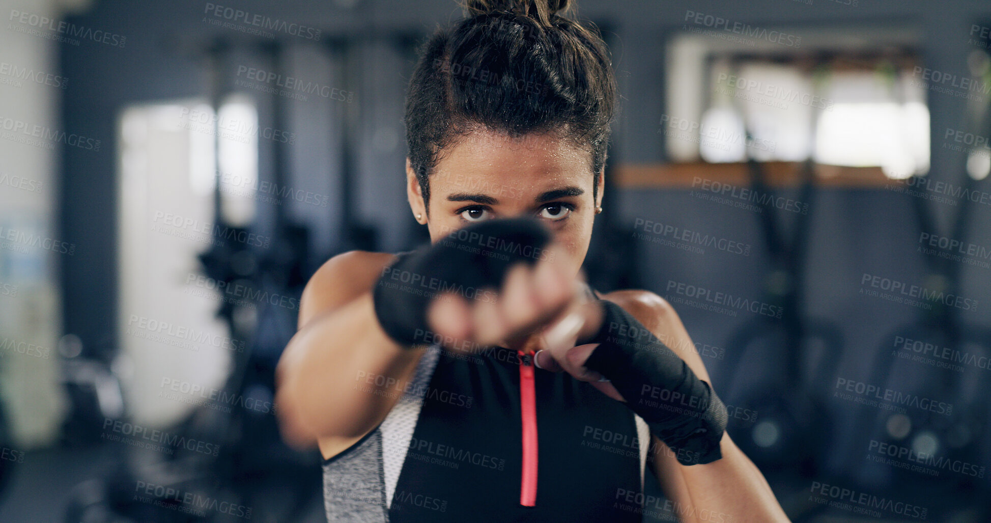 Buy stock photo Woman, portrait and punch for martial arts at gym, training and confidence with power for fight. Person, athlete and fist with combat sports, exercise and workout at fitness club in Costa Rica