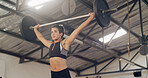 Weightlifting, barbell and fitness with woman in gym for workout, muscle development or health. Bodybuilder, wellness and core strength with person in sports center for exercise and challenge