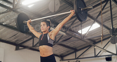 Buy stock photo Weightlifting, barbell and fitness with woman in gym for workout, muscle development or health. Bodybuilder, wellness and core strength with person in sports center for exercise and challenge