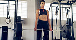 Weightlifting, barbell and training with woman in gym for workout, muscle development or health. Bodybuilder, wellness and core strength with person in sports center for exercise and challenge