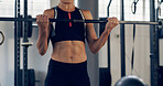 Weightlifting, abs and workout with woman in gym for training, muscle development or health. Bodybuilder, wellness or core strength with person and barbell in sports center for exercise and challenge