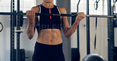 Buy stock photo Weightlifting, abs and workout with woman in gym for training, muscle development or health. Bodybuilder, wellness or core strength with person and barbell in sports center for exercise and challenge