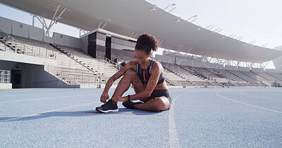 Buy stock photo Fitness, stadium and woman tie shoes ready for race challenge, marathon training and exercise. Sports, athlete and person with sneakers for running, competition and cardio workout on outdoor track