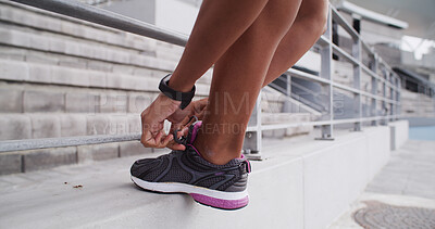 Buy stock photo Athlete, hands or shoes with lace at stadium for marathon practice, running comfort or start workout. Runner, person and tie sneakers at arena for sports performance and getting ready for exercise